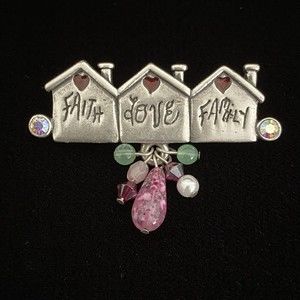 AJMC Vintage Brooch Pin Faith Love Family Home Hearts with Beads and Rhinestones